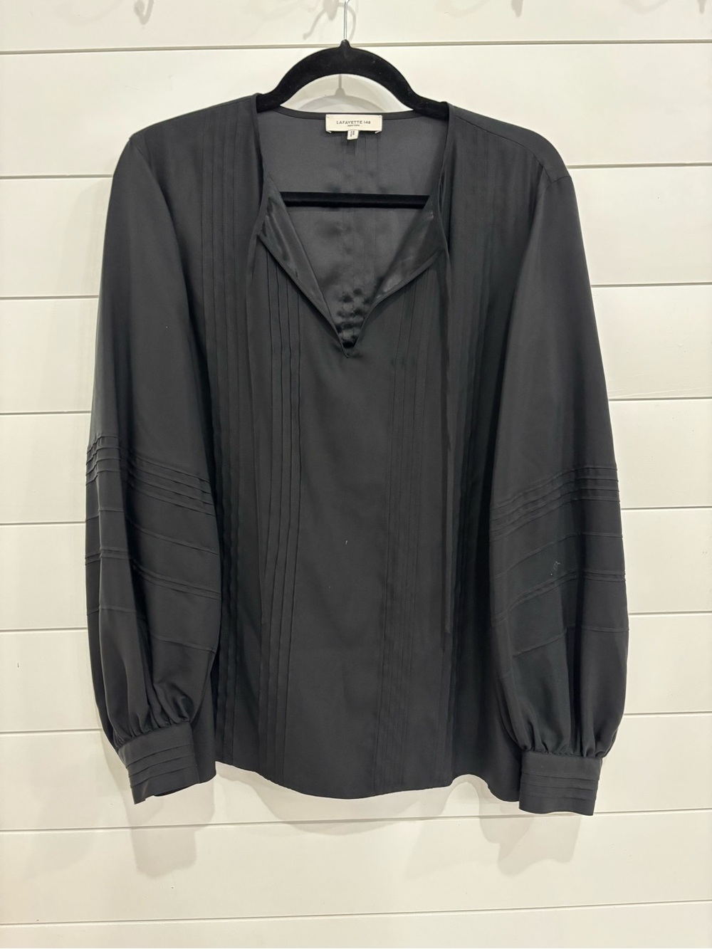 Lafayette 148 New York Black V-Neck Pintuck Blouse
